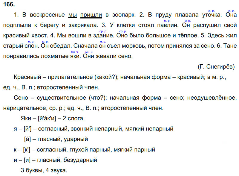 Ответы к 166 упражнению учебника по русскому языку В.П. Канакина, В.Г. Горецкий за 3 класс 2 часть