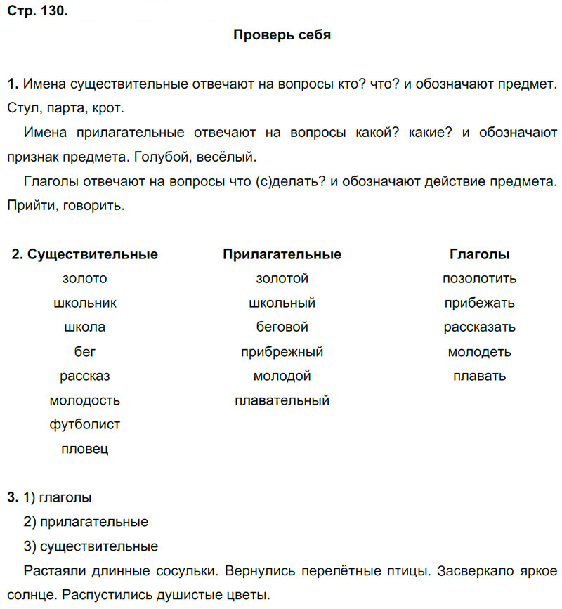 Ответы к вопросам и заданиям проверь себя на 130 странице учебника по русскому языку Л.Ф. Климанова, Т.В. Бабушкина за 3 класс 1 часть